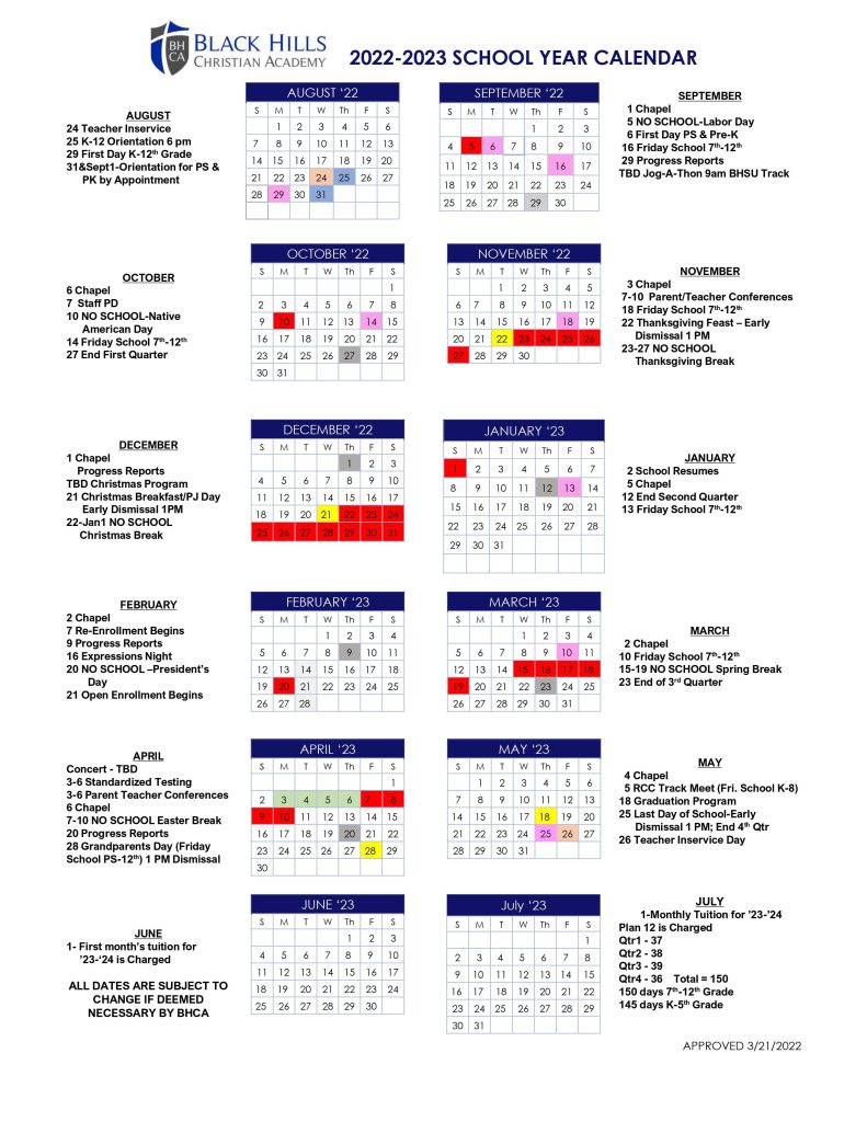 Year At-A-Glance - Black Hills Christian Academy